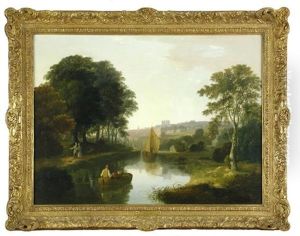 A Man In A Rowing Boat On A River, Exeter Cathedral Beyond