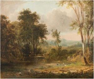 Figure On A Wooden Bridge, A Pond And Ducks In The Foreground; Figures, Horse And Cart Crossing A Bridge (2 Works) by William Traies