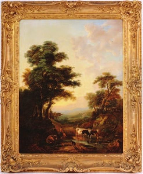 Extensive Landscape, Figures, A Dog And With Cattle Watering In The Foreground - view 1