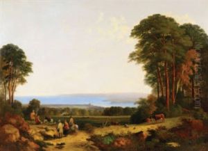 Woodbury Common Looking West Over Exmouth Figures In The Foreground And A View Across The Bay Beyond by William Traies