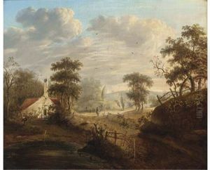 Figures On A Beaten Track, With Houses Beyond