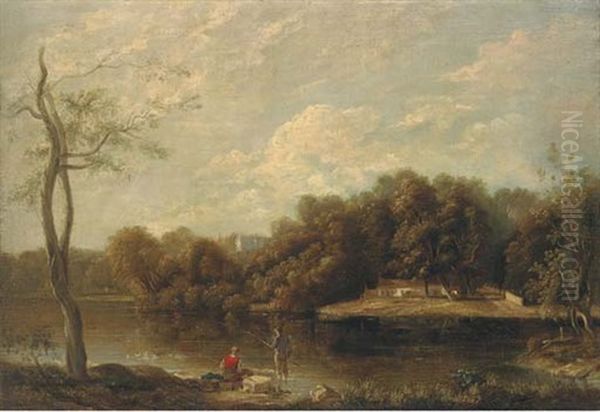 Men Fishing By A River With Woods Beyond - view 1