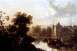 A River Landscape With Barges And A Herdsmen Resting On The Bank With His Cattle