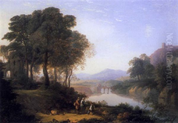 Travellers In A Wooded River Landscape, A Bridge In The Distance - view 1
