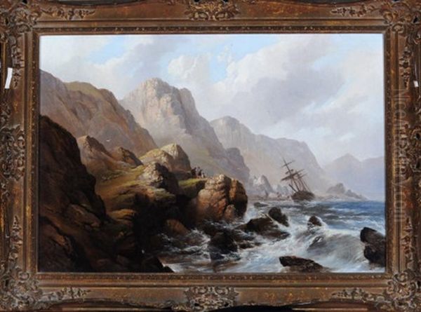 A View On The Scottish Coast With Figures In The Foreground Observing Salvagers And A Wrecked Ship - view 1