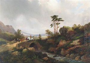 Highland Lake Landscape (+ Highland Scene With Travelers On A Bridge; Pair) Highland Lake Landscape (+ Highland Scene With Travelers On A Bridge; Pair)