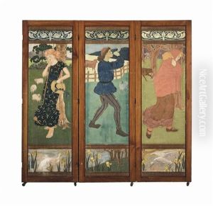 A Three-fold Mahogany Screen Incorporating Canvases Depicting Nursery Rhymes: Little Red Riding Hood; Bo Peep (+ The Pied Piper; 2 Works) by Phoebe Ann Traquair