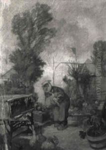Bauer Mit Ferkel Und Hasen Im Garten