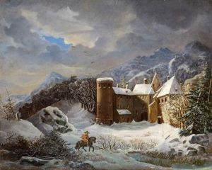Reiter In Tief Verschneiter Landschaft. Im Hintergrund Eine Burganlage by Franz Trautmann