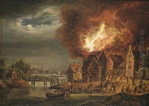 Nachtliche Feuersbrunste In Kleinen Stadtchen Am Fluss (pair) by Johann Georg Trautmann