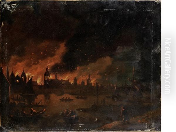 Fire Raging Across A Town At Night - view 1