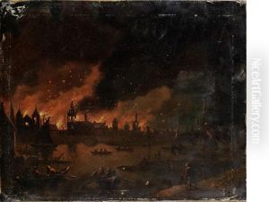 Fire Raging Across A Town At Night by Johann Georg Trautmann