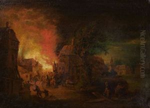 Deux Incendies Nocturnes (pair) by Johann Georg Trautmann