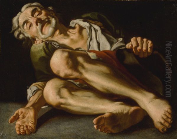 An Old Beggar, Lying Down, His Hand Reaching Out - view 1