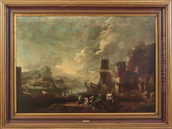 Hafenszene Mit Handlern, Fischerbooten Und Hirten - view 1