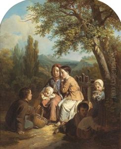 Rastende Kindergruppe (+ Traubenpfluckende Kinder; 2 Works) by Jean-Baptiste Jules Trayer