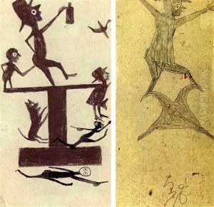 Drinking Men On Platform -the Exciting Event (+ Man In A Hat Leaping And Gesticulating Over A Shaped Kite Or Bird, Pencil, Verso) by Bill Traylor