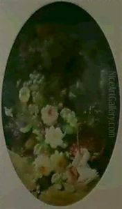 Roses, Peaches, A Basket Of Raspberries And Other Fruit By An Urn by Etienne Leon Trebutien