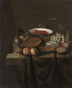 A Bowl Of Cherries, A Melon On A Pewter Platter