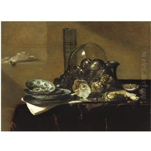 Still Life With A Roemer, A Beer Glass, A Silver Tazza On Its Side, A Salt Cellar And Other Objects On A Table Draped In Red Cloth by Jan Jansz. Treck