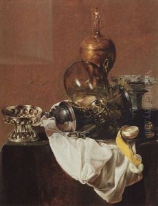 A Still Life Of Silverware, An Overturned Roemer, A Peeled Lemon On A Plate, A Blue And White Porcelain Bowl And An Ormolu Vase