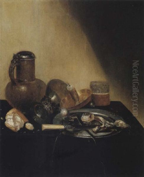 Still Life Of A Herring, An Onion And A Knife On A Pewter Dish, Together With An Upturned Roemer, A Candlestick, A Glass, Bread And A Flagon - view 1