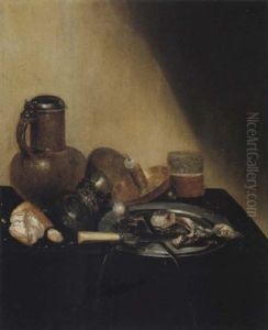 Still Life Of A Herring, An Onion And A Knife On A Pewter Dish, Together With An Upturned Roemer, A Candlestick, A Glass, Bread And A Flagon by Jan Jansz. Treck