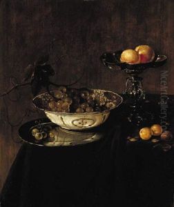 Grapes In A Delftware Bowl On A Silver Plate, Peaches On A Tazza, And Plums On A Draped Table