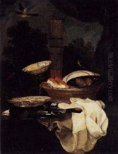 Still Life With A Basket Of Bread, Wan-li Bowls, A Flute-glass, A Pewter Plate, A Knife And Plovers Eggs, On A Draped Table, Bird Beyond