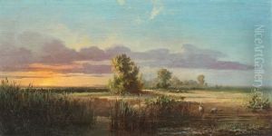 Scenery With Birds At Sunset by Henri Trenk