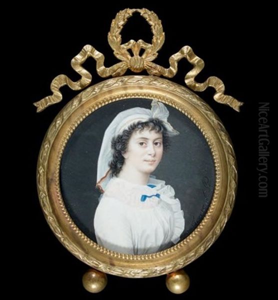 Portrait De Jeune Femme En Robe Blanche Et Ruban Bleu, Avec Un Fichu Blanc Dans Les Cheveux - view 1