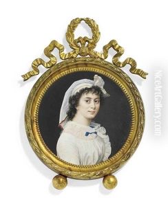 A Young Lady, In White Dress With White Gauze Trim And Fichu, Blue Sash With Pearl-set Buckle Tied Around Waist, Blue Ribbon Tied At Neck