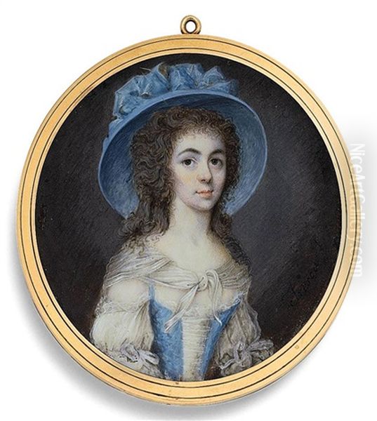 A Young Lady, In Decollete White Muslin Dress With Blue Bodice, White Muslin Shawl Over Her Shoulders Tied At Corsage, Wearing A Large Blue Hat - view 1