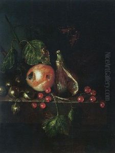 Still Life Of A Fig, A Plum, Gooseberries And Redcurrants, Together With A Fly And A Tortoiseshell Butterfly, Upon A Stone Ledge by Catharina Treu