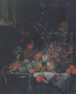 Grapes In A Basket, A Corn Cob, Various Fruit, A Roemer And A Wine Flute On A Chest, A Lit Taper On A Draped Stone Ledge And A Chaffinch In A Window by Catharina Treu