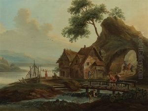 River Scenery With Houses by Christoph Treu