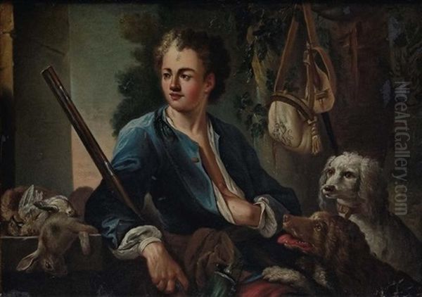 Un Jeune Chasseur Avec Ses Chiens Et Son Gibier - view 1