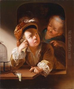 Ein Den Tod Seines Vogels Beweinender Knabe (+ Ein Lachender Knabe Mit Einer Puppe Am Fenster; 2 Works) by Nicolaus Treu