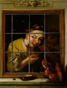 Zwei Kinder Zeigen Einem Eichhornchen Vor Dem Fenster Eine Nuss