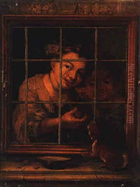 Trompe L'oeil Of A Young Girl At A Window Feeding A Squirrel - view 1