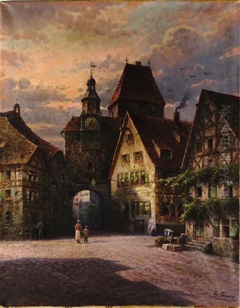 Hauserfassaden, Das Tor Und Der Wachturm Einer Stadt Mit Abendhimmel - view 1