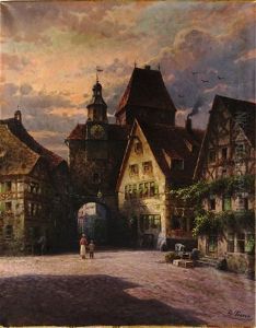 Hauserfassaden, Das Tor Und Der Wachturm Einer Stadt Mit Abendhimmel
