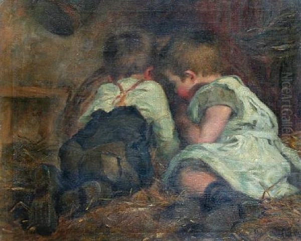Two Young Children Playing In A Barn - view 1