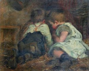 Two Young Children Playing In A Barn by Helen Mable Trevor