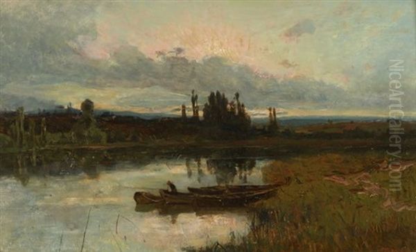 Personnage Sur Une Barque Dans Un Paysage Fluvial - view 1