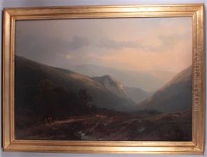 Gebirgslandschaft, Im Vordergrund Bach Mit Steg, Sowie Rastender Hirtenjunge Und Sennerin