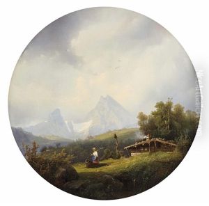 Hochalm In Berchtesgaden Mit Bauernpaar Vor Hutte Und Blick Auf Den Watzmann