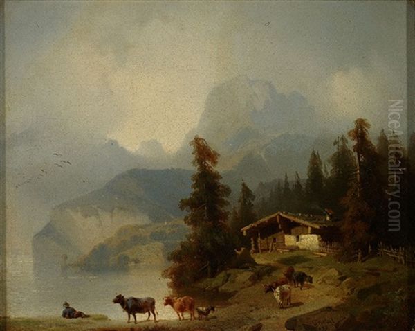 Gebirgslandschaft In Den Alpen Mit See, Gehoft Und Tieren Auf Dem Weg Zur Weide - view 1