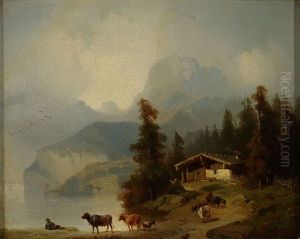 Gebirgslandschaft In Den Alpen Mit See, Gehoft Und Tieren Auf Dem Weg Zur Weide