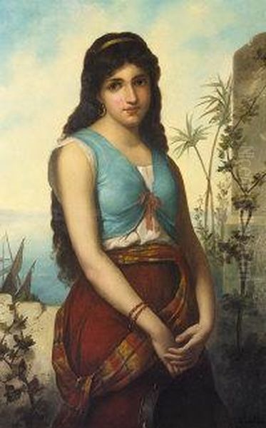 Portrait Of A Girl With A Tambourine, Against A Coastal Landscape - view 1